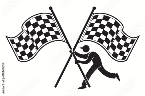 Black and white silhouette of a person running forward while holding two checkered flags to represent a race victory