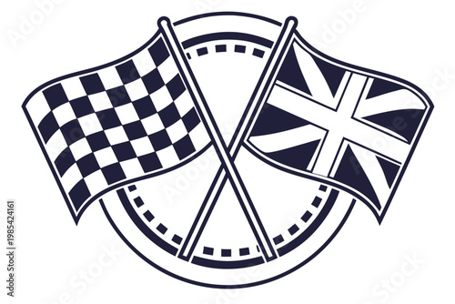 Crossed racing checkered flag and united kingdom union jack flag icon displayed as a stylized black and white graphic illustration