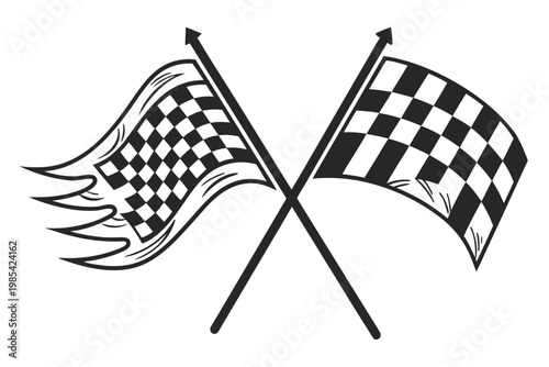 Crossed black and white checkered flags vector illustration symbolizing racing, competition, victory, and the excitement of motorsports events.