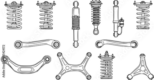 Automotive Suspension Parts Vector Line Art Illustration Set. Black and White Outline of Car Shock Absorbers, Coil Springs, Struts, and Control Arms.