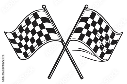 Two black and white checkered flags crossed over each other, symbolizing the finish line and victory in sports events or competitions.