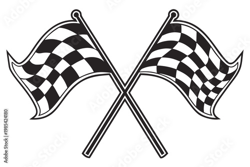 Two crossed checkered flags representing racing victory and competitive sports finish line triumph for professional athletes in high speed competition