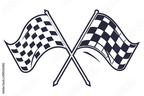 Two crossed checkered flags representing victory in racing competitions and speed sports isolated on a simple plain white background