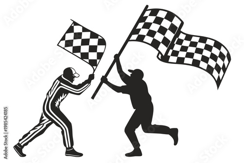 Professional race car driver and a track official holding checkered flags to celebrate victory on the finish line together today