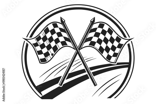 Two crossed checkered racing flags within a circular emblem signifying victory and speed, perfect for automotive and sports designs.