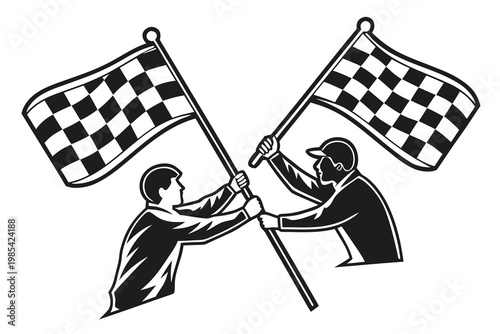 Two individuals holding large checkered racing flags to celebrate a victory and signify the successful completion of a competition event