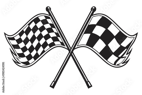 Two crossed checkered flags representing racing victory and speed sport competition isolated on a clean and simple white background design