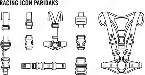Racing Harness Icon Set: Seatbelt Buckles, Straps, and Safety Gear Line Art