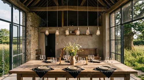 Rustic dining table set in renovated barn with field view