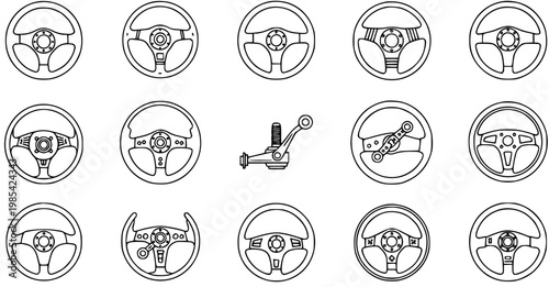 Black and White Line Art Icons of Automotive Steering Wheels and Parts on White Background