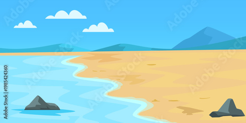 Clean beach with sea and rocks in flat style on blue sky background showing summer relaxation concept. Vector illustration