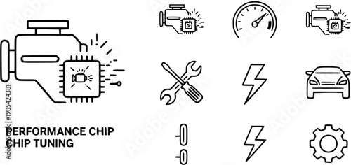 Automotive Car Engine Performance Chip Tuning and Diagnostics Linear Outline Icons Set for Vehicle Speed and Performance Upgrade