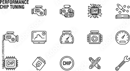 Performance Chip Tuning Icons: Engine, Chip, Speedometer, Wrench - Black Line Art