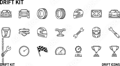 Automotive Drifting Kit Line Art Icons. Black and White Vector Collection of Racing Cars, Helmets, Tires, Wrenches, Trophies, Flags, and Motorsports Symbols.