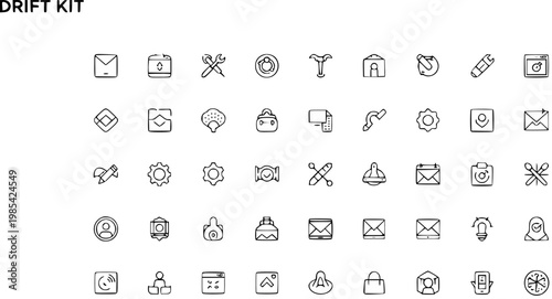 Hand-drawn Line Art UIUX Icons Kit. Sketchy Black  White Glyphs for Web, App, Technology, and Business Interface