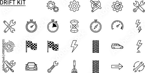 Drift Kit Icons: Automotive Symbols, Line Art Set - Car Racing, Tuning, Speed, Tools