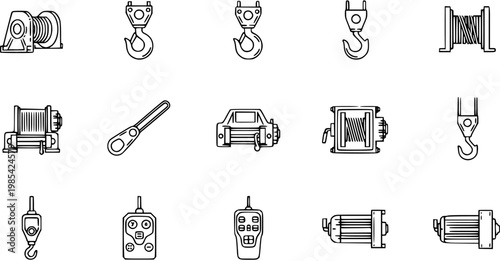Winch and Hoisting Equipment Line Art Icons. Industrial, Automotive  Marine Lifting Hooks, Remotes, and Winches Collection.