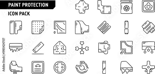 Automotive Paint Protection Film (PPF) Application and Vehicle Detailing Line Art Icons Pack - Outline Vector Set for Car Care
