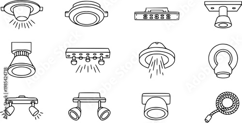 Black and White Line Art Icons of Various Ceiling Light Fixtures and Illumination Devices