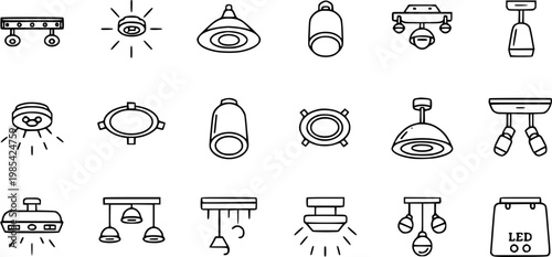 Black and White Line Art Icons of Modern Ceiling Lights for Interior Design and Home Lighting