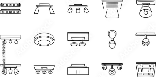 Set of 15 Black and White Line Art Icons for Ceiling Lights and Light Fixtures