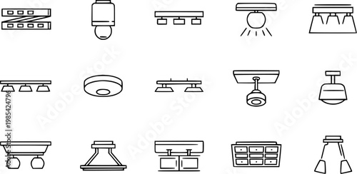Line Art Icons of Various Modern Lighting Fixtures, Ceiling Lights, Lamps and Chandeliers