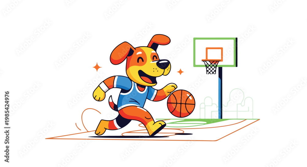 Fototapeta premium A cartoon dog wearing a blue jersey dribbles a basketball on a court with a hoop and backboard against a white background with vibrant colors.