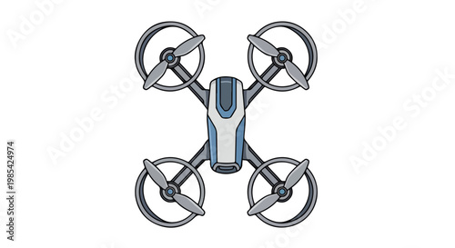 A white and blue drone with four propellers on a plain white background, showcasing its sleek design and technology.