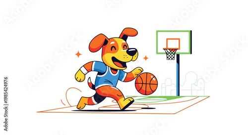 A cartoon dog wearing a blue jersey dribbles a basketball on a court with a hoop and backboard against a white background with vibrant colors.