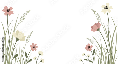 Beautiful floral border with colorful flowers and green grass on a white background for decoration