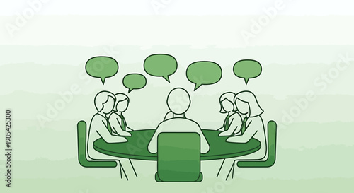 Group of people having a discussion around a table with speech bubbles.