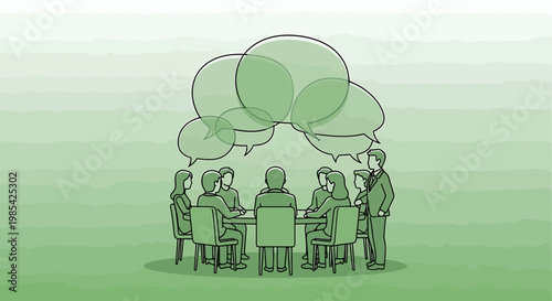 Group of people in a meeting with speech bubbles.