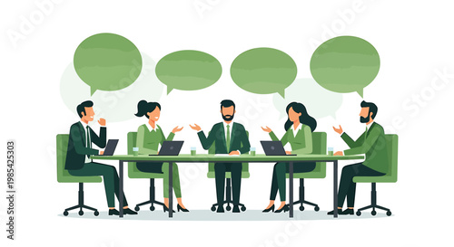 Business professionals collaborating in a meeting with speech bubbles.