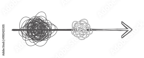 Dark tangled lines simplify into a clear arrow a white abstract black chaos
