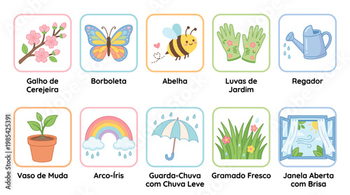 Collection of colorful illustrations of nature, animals, and gardening