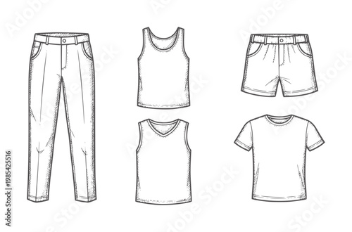 Hand drawn of casual clothing including pants shorts and shirts apparel trousers