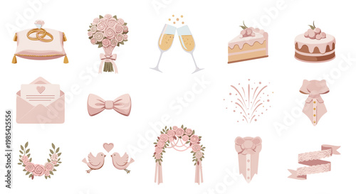 Collection of romantic wedding accessories and decorative elements