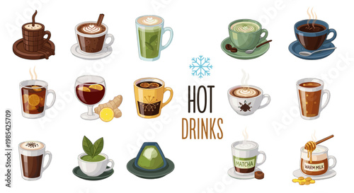 Collection of hot drinks including coffee tea and hot chocolate