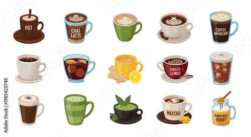 Collection of various coffee cups and mugs with different designs