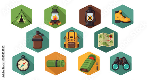 Collection of camping and outdoor adventure icons in hexagon shapes