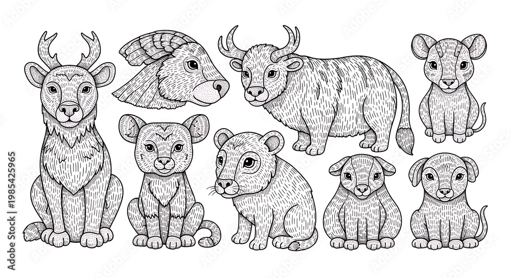 Fototapeta premium Detailed vector illustration of various animal heads and full bodies in a graphic design
