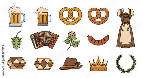 Set of traditional german oktoberfest symbols and festive items