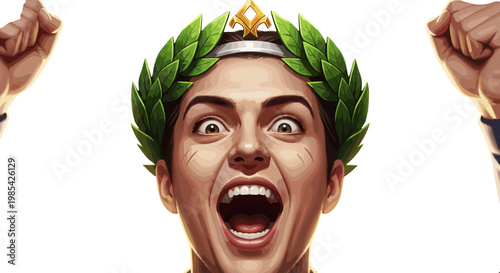 Excited woman wearing laurel wreath celebrating victory and success