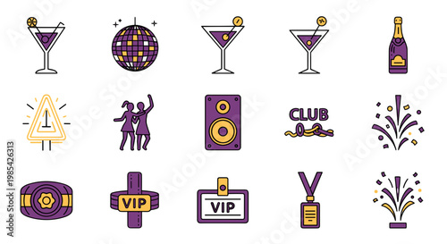 Set of party and celebration icons including drinks music and vip