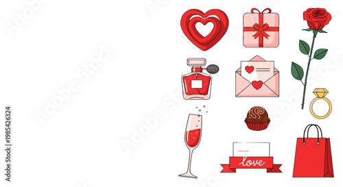 Collection of romantic love symbols and gifts