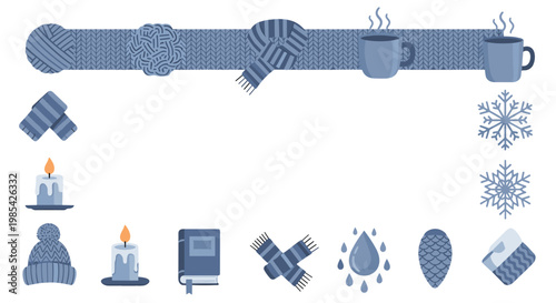 Winter holiday border with snowflakes candles and mittens on blue