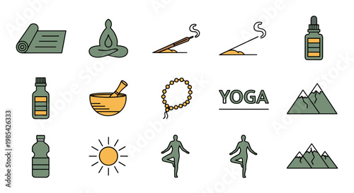 Collection of wellness and relaxation icons including yoga and mountains