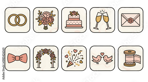 Set of wedding icons including rings flowers cake champagne and mail
