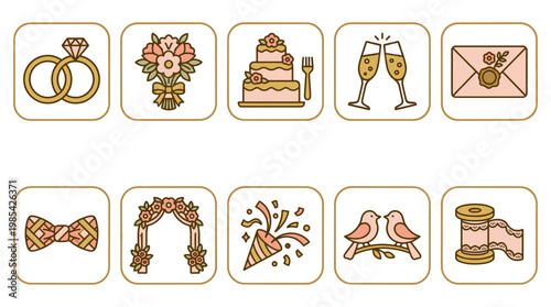 Set of elegant wedding icons including rings flowers cake and champagne