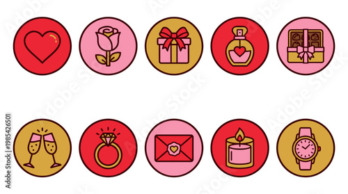 Set of romantic and lovethemed icons with hearts flowers gifts